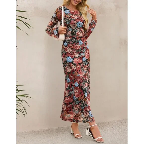 floral bodycon dress long sleeve Black One Shoulder Dress With Slit main image 1